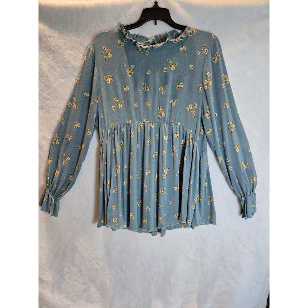 Leopard Hanger Boutique Blue Peasant Blouse Size M  Floral‎ Print Long Sleeved